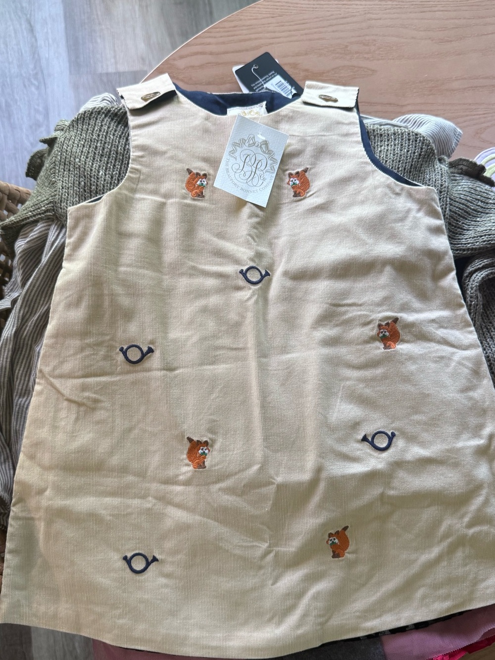The Beaufort Bonnet Company Beige Corduroy Kids Pinafore with Fox Embroidery